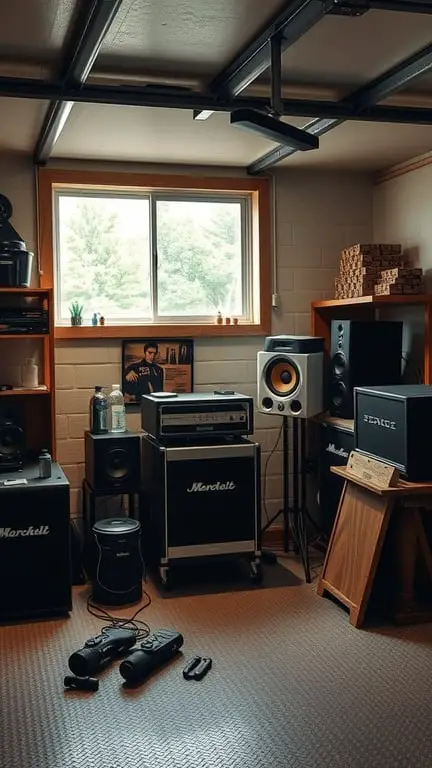 19+ Ultimate Garage Man Cave Ideas You Need to See 15 A well-equipped sound system in a garage man cave, featuring various speakers and audio equipment.