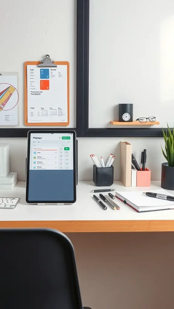 15 Must-Try Desk Organization Ideas for a Tidy Workspace 11 A well-organized work desk with a tablet, clipboards, and stationery.