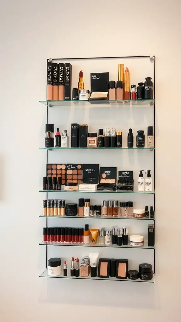 27+ Creative Vanity Organization Ideas You’ll Love 9 A wall-mounted makeup display featuring various makeup products on glass shelves.
