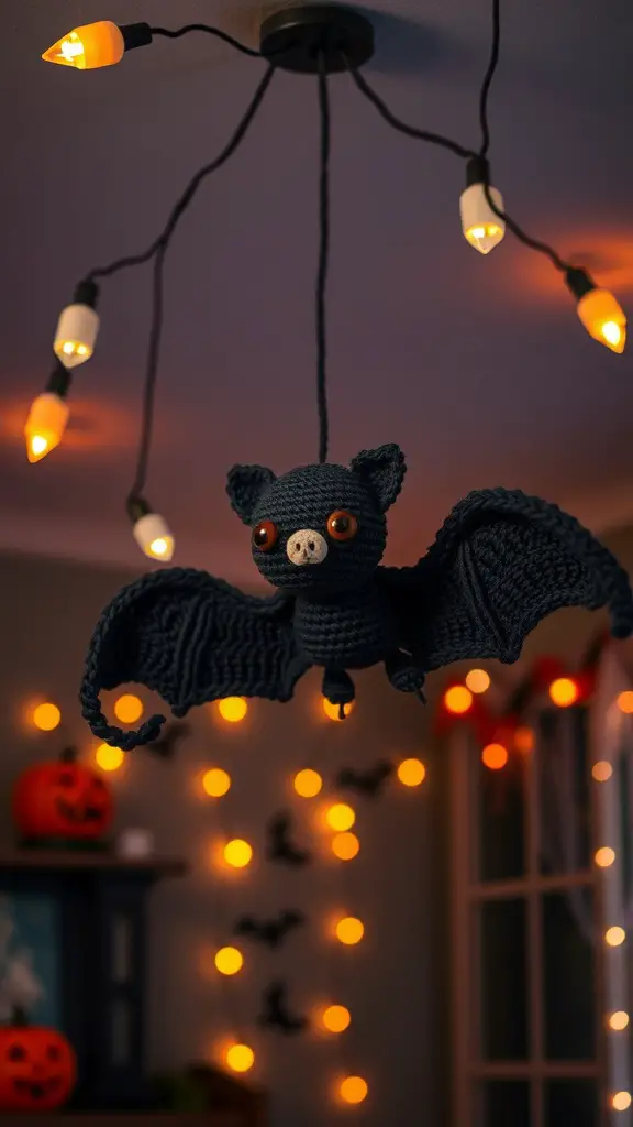 23+ Spooktacular Halloween Crochet Ideas You Need to Try 2 A cute crochet bat hanging from a light fixture with string lights in the background, creating a cozy Halloween atmosphere.