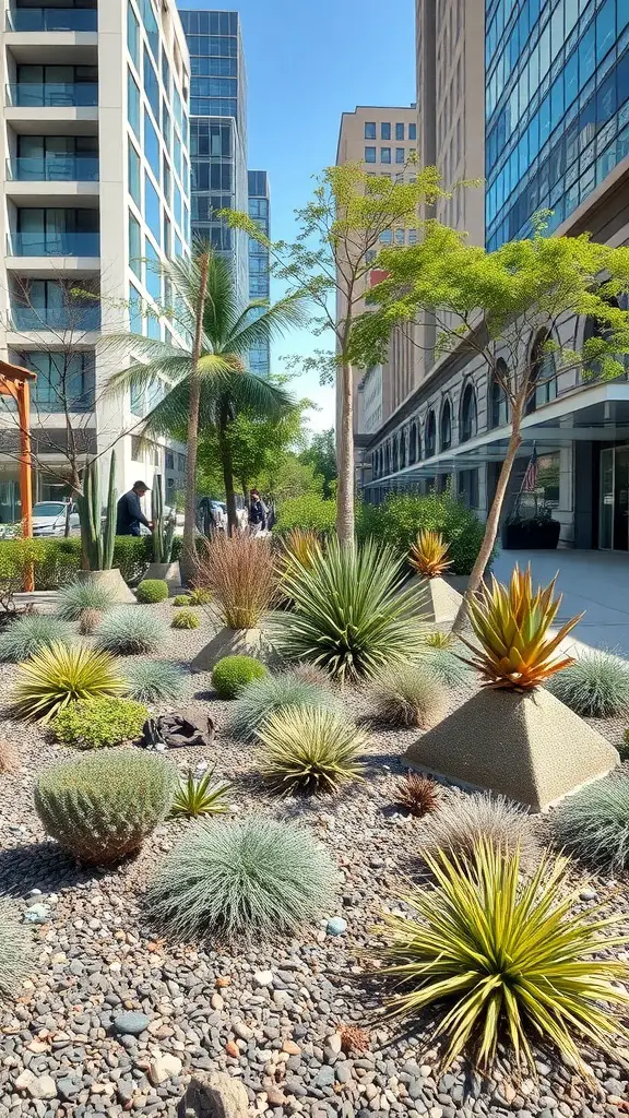 27+ Creative Xeriscape Landscaping Ideas for a Sustainable Garden 17 A xeriscape garden featuring various drought-resistant plants and rocks, set between modern buildings.