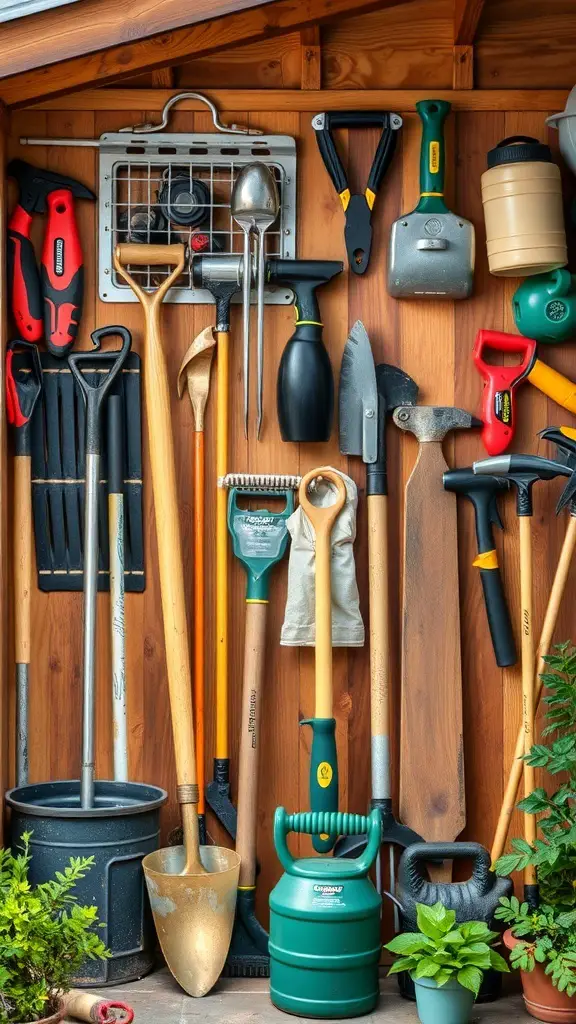A neatly organized tool wall displaying various outdoor gardening tools.