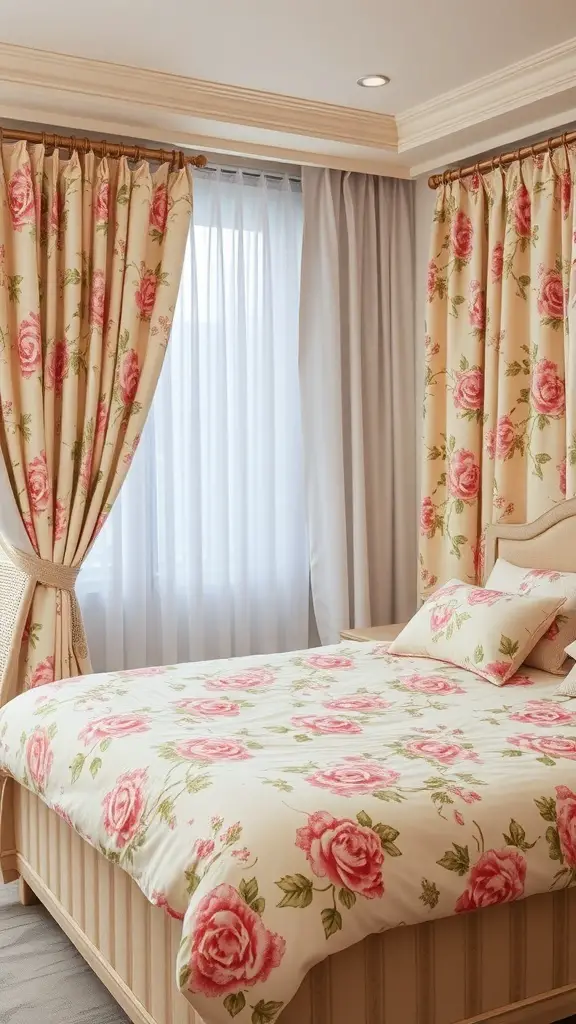 27+ Stunning Beige and Pink Bedroom Ideas for a Cozy Retreat 16 A cozy bedroom featuring pink and beige floral patterns on the bedding and curtains.