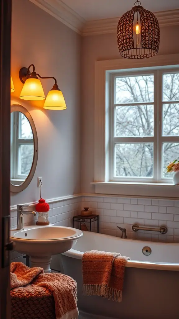 21+ Charming Fall Bathroom Decor Ideas to Transform Your Space 15 A cozy bathroom with warm lighting fixtures, featuring a wall-mounted light and a pendant lamp.