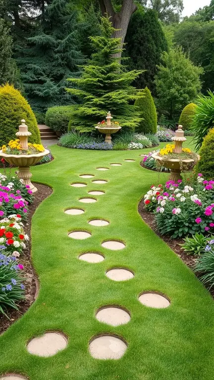 17+ Inspiring Turf Backyard Ideas for a Gorgeous Outdoor Space 10 A garden pathway made of turf with circular stepping stones surrounded by colorful flowers and greenery.