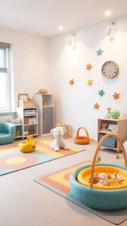 25+ Adorable Newborn Room Ideas to Inspire Your Nursery Design 16 A bright and colorful interactive play area for newborns, featuring soft toys, rugs, and a cozy chair.