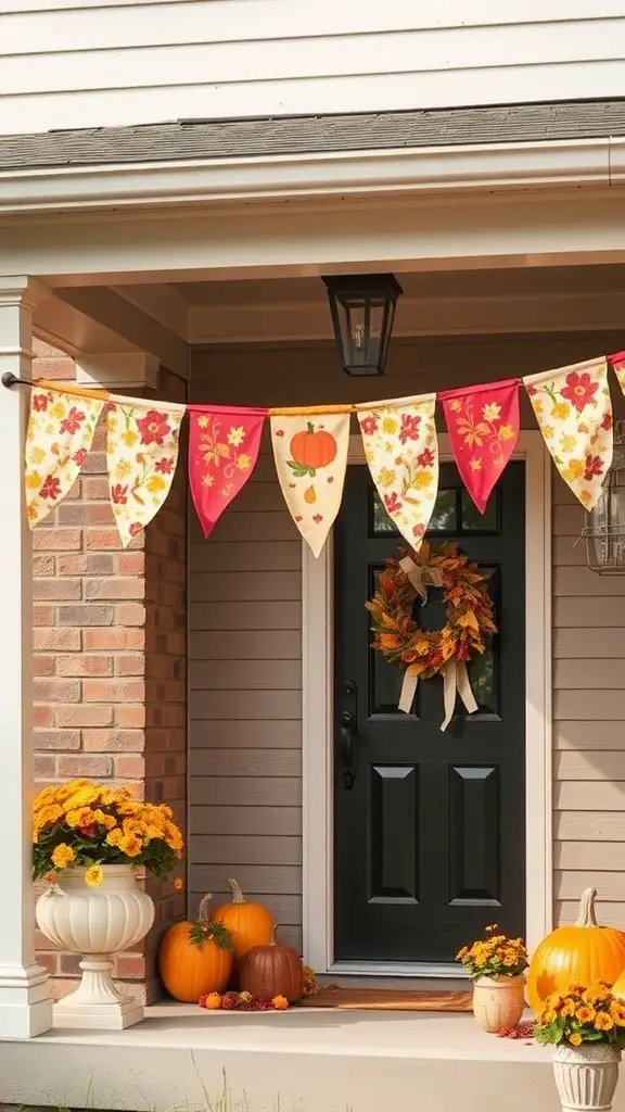 37+ Charming Fall Sewing Projects to Cozy Up Your Home 15 Seasonal fabric bunting in warm colors hanging above a front door, surrounded by pumpkins and flowers.
