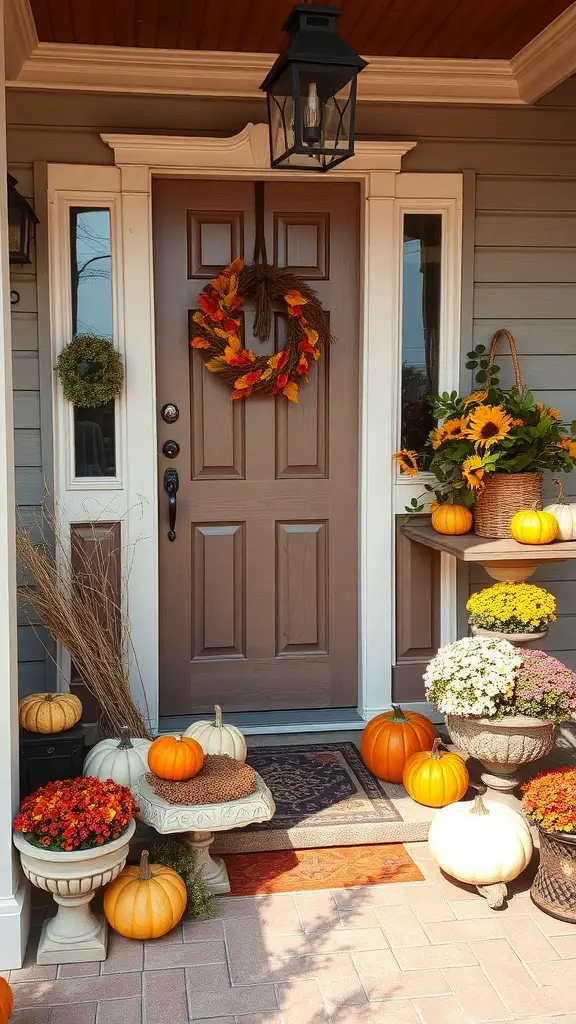 25+ Stunning Fall Front Door Decor Ideas to Transform Your Home 14 A vintage fall decor setup at a front door featuring pumpkins, a wreath, and potted flowers.