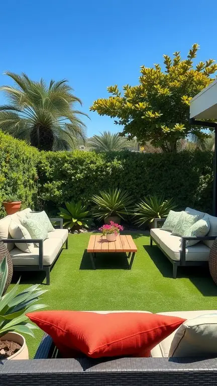 17+ Inspiring Turf Backyard Ideas for a Gorgeous Outdoor Space 4 Cozy outdoor lounge with lush green turf, comfortable seating, and vibrant plants.