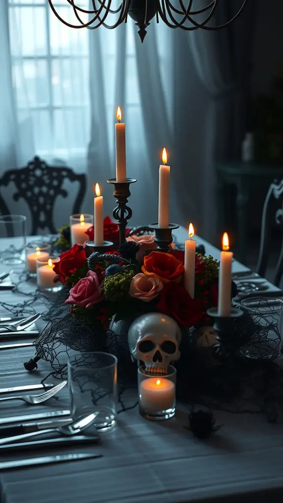 21+ Spooky and Creative Halloween Crafts for Adults 2 A Halloween table centerpiece featuring candles, a skull, and colorful flowers, creating a spooky yet inviting atmosphere.