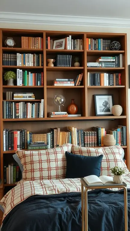 21+ Easy and Affordable DIY Headboard Ideas to Transform Your Bedroom 12 A cozy bedroom with a bookcase headboard filled with books and decorative items.