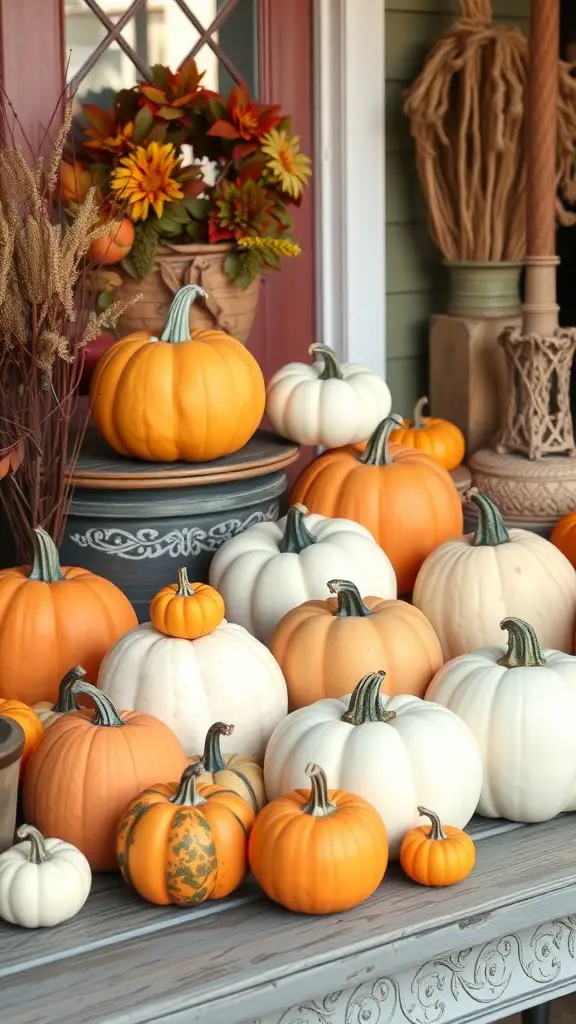 A variety of pumpkins in orange and white arranged on a porch with fall decorations.
