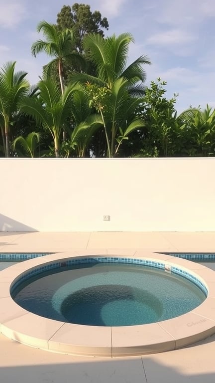 37+ Stunning Backyard Pool Design Ideas to Transform Your Outdoor Space 13 A circular hot tub integrated into a backyard pool, surrounded by palm trees and a clear sky.