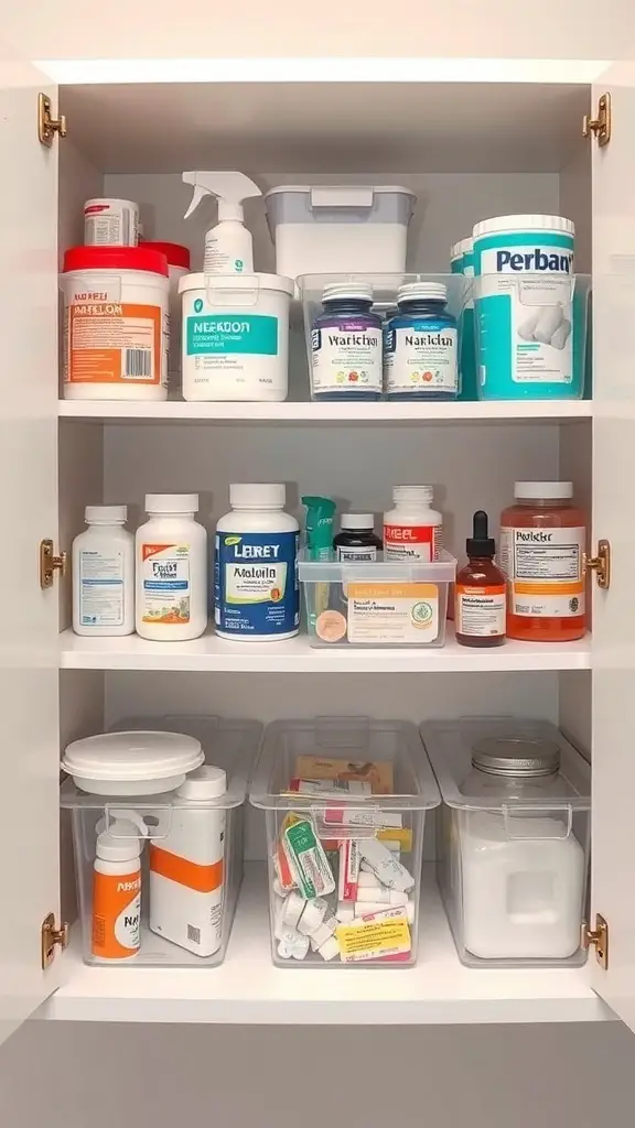 Organized medicine cabinet with clear storage bins holding various medications and supplies.