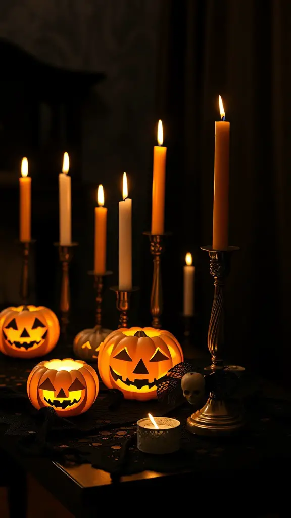 21+ Spooky and Creative Halloween Crafts for Adults 4 Spooky candle holders with carved pumpkins and candles on a table