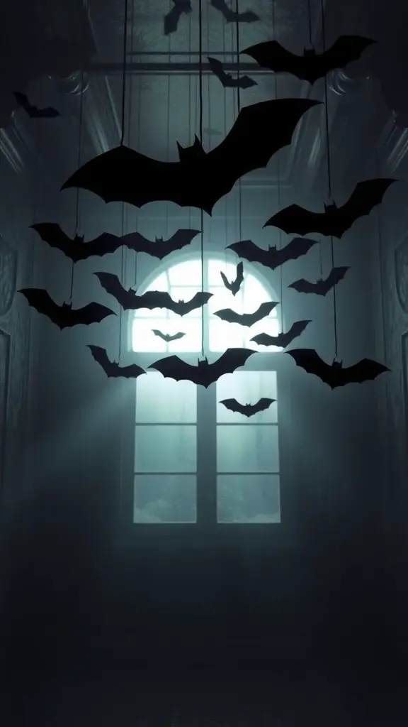 27+ Creative DIY Halloween Decorations You Can Make at Home 2 A spooky scene with hanging bat silhouettes in a dimly lit room