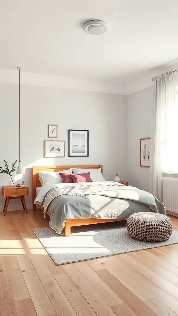 25+ Must-Have Items for a Cozy Scandinavian Bedroom 3 A Scandinavian bedroom featuring a neutral color palette with a wooden bed, light gray walls, and soft bedding.