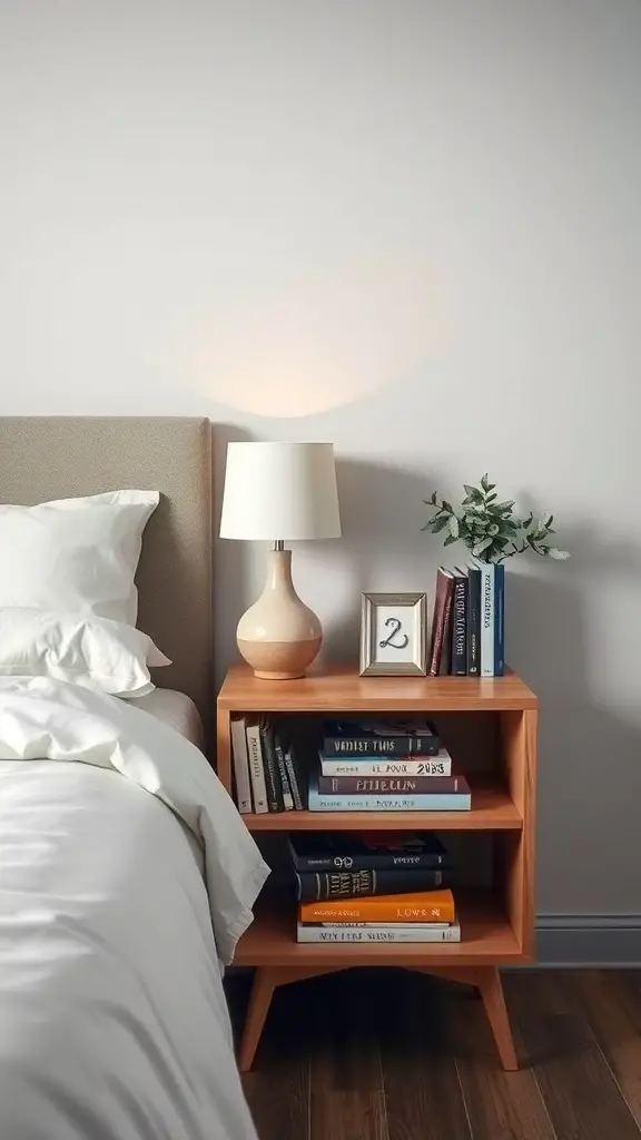 21 Essential Nightstand Organization Ideas for a Clutter-Free Bedroom 5 A cozy nightstand with a lamp, books, and a small plant, showcasing organization in a small space.