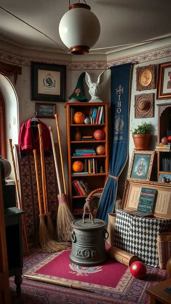 27+ Magical Harry Potter Room Decor Ideas for Every Fan 7 A cozy room with Quidditch-themed decor including broomsticks, balls, and themed artwork.