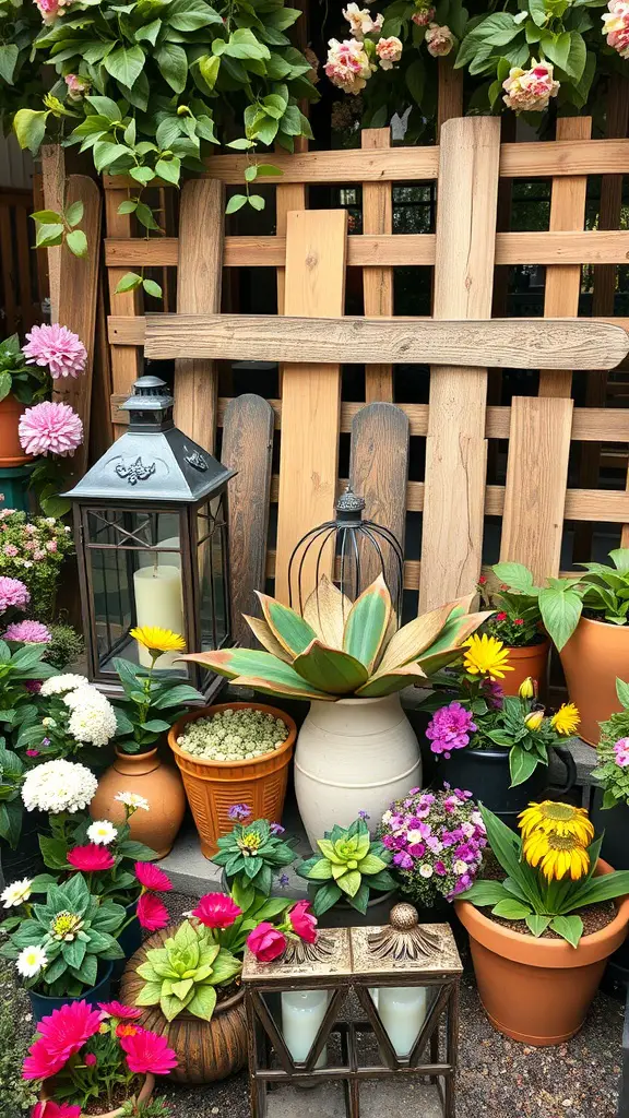 21+ Cottagecore Garden Essentials for a Whimsical Outdoor Retreat 11 A cozy rustic garden setup with potted plants, vibrant flowers, and lanterns against a wooden trellis.