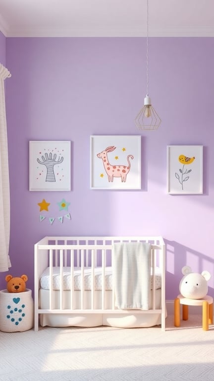 29+ Adorable Purple Nursery Ideas for Your Little One 5 A nursery with lavender walls, featuring a crib, playful artwork, and cute decor items.