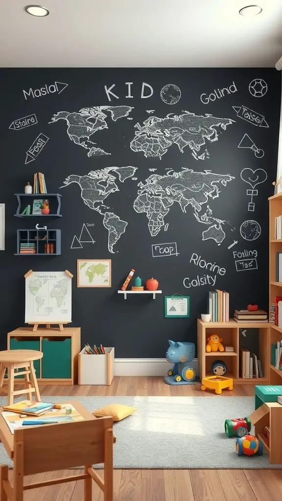 21+ Creative Kids Room Interior Design Ideas for Every Style 8 A kid's room featuring a chalkboard wall with a world map, colorful storage, and playful decor.