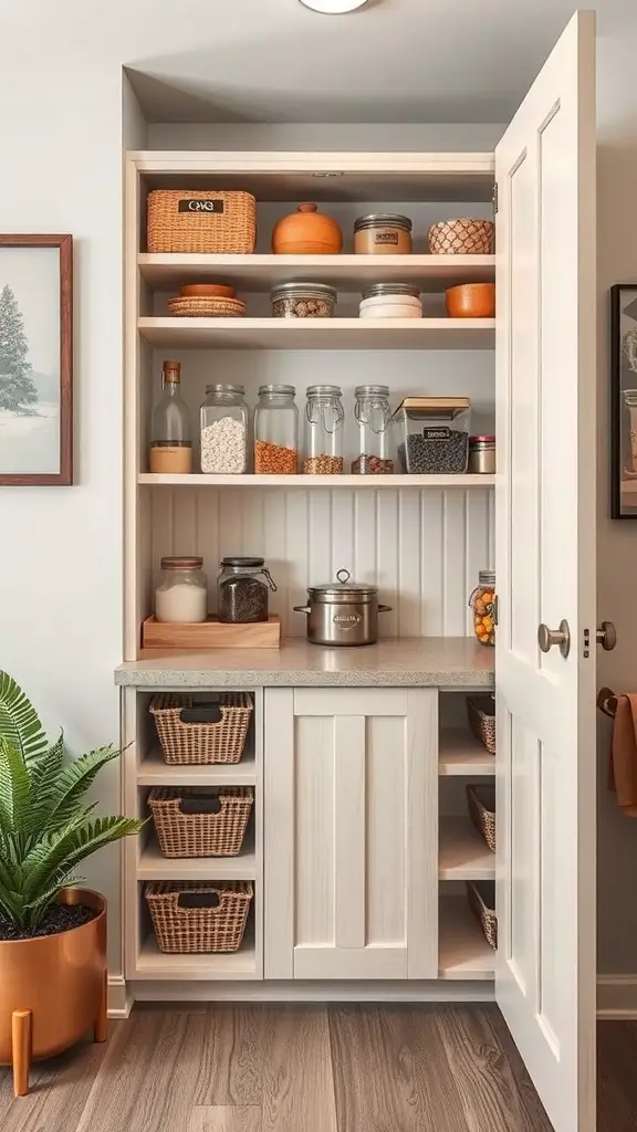 25+ Creative Built-In Pantry Cabinet Wall DIY Ideas 12 A corner pantry cabinet with organized shelves and baskets.