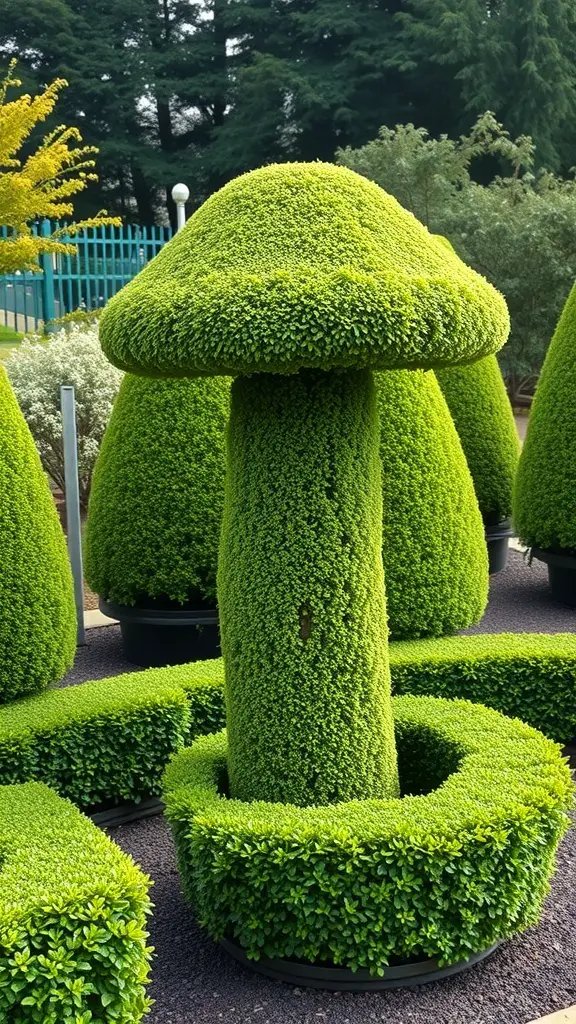 A vibrant green mushroom-shaped topiary in a garden setting.