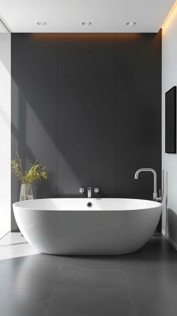 23+ Stunning Ideas for Decorating Your Garden Tub in the Master Bath 9 A modern garden tub in a minimalistic master bath with clean lines and a dark wall.
