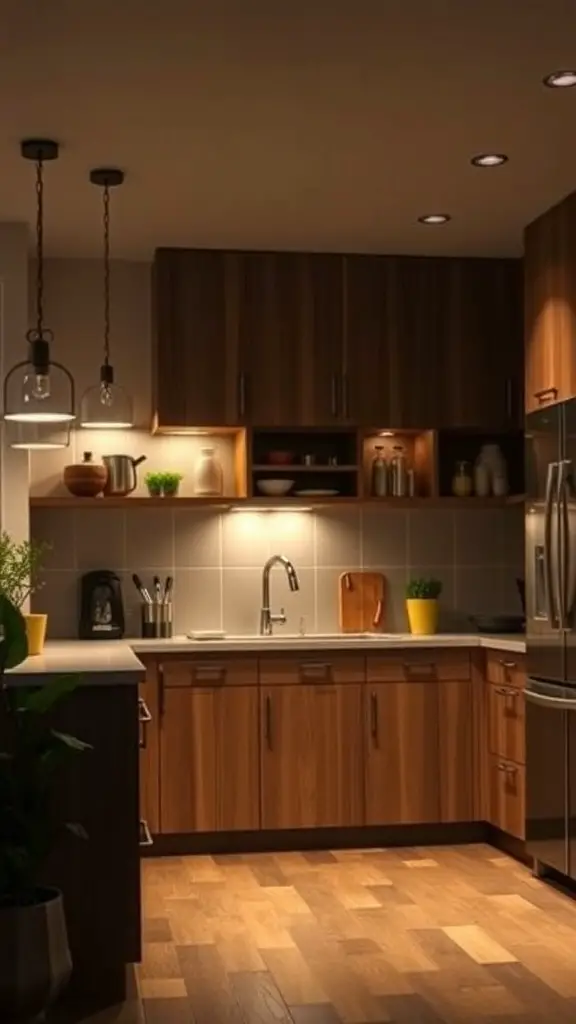 15+ Stunning Green Kitchen Designs You’ll Love 14 A modern kitchen with warm lighting, featuring pendant lights and recessed lights, showcasing a cozy atmosphere.