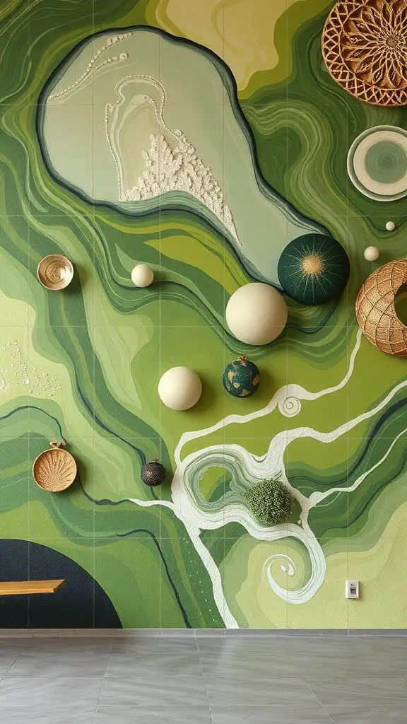 23+ Stunning Garden Mural Ideas to Transform Your Outdoor Space 5 A nature-inspired abstract mural featuring flowing green lines, textured shapes, and decorative elements.