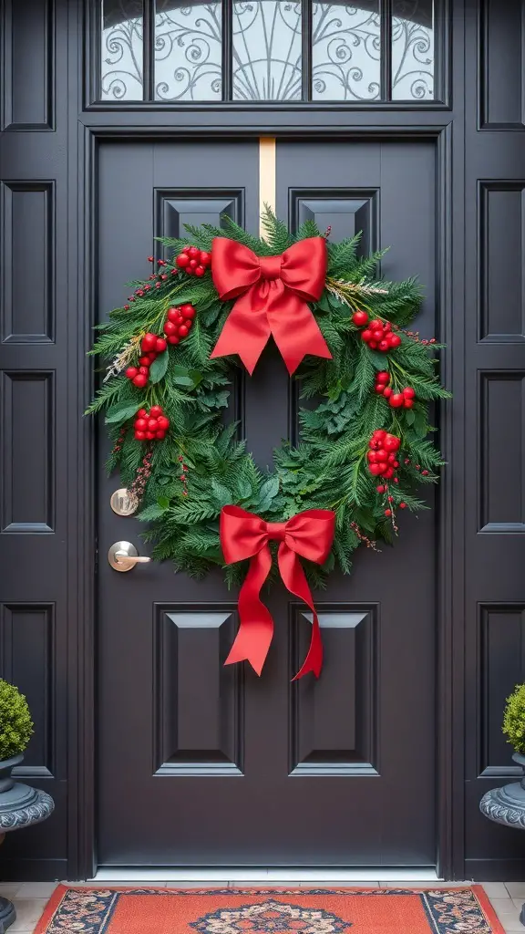 A festive green wreath with red berries and a large red bow hanging on a dark front door.