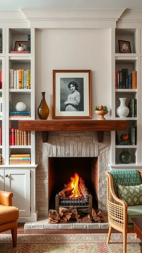 19+ Creative Fireplace Wall Ideas to Transform Your Space 2 Textured wall treatment behind a fireplace featuring circular patterns in warm tones.