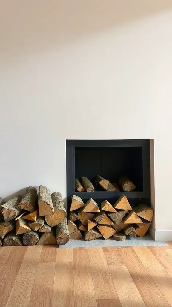 27+ Stylish Fireplace Decor Ideas You’ll Love 7 Neatly stacked firewood beside a modern fireplace, showcasing natural textures and colors.