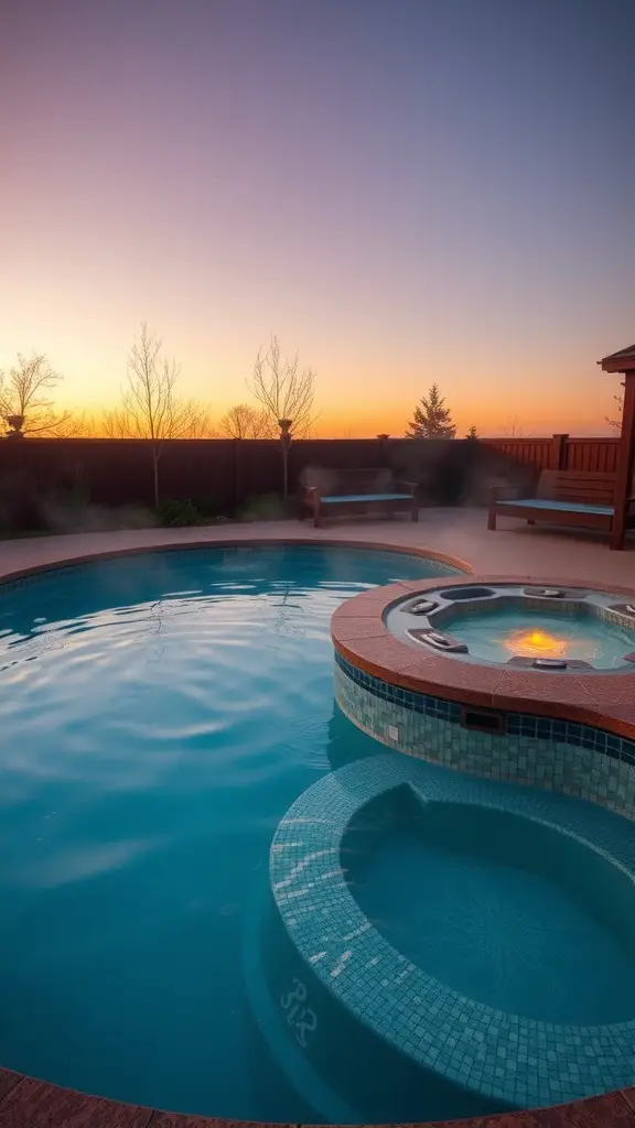 23+ Stunning Semi Inground Pool Ideas for Your Backyard Oasis 17 A serene hot tub next to a semi-inground pool at sunset