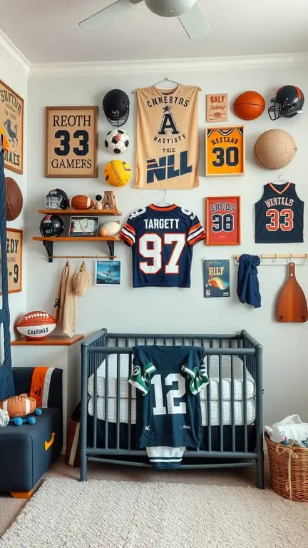 27+ Adorable Baby Nursery Ideas for Boys 14 A sports-themed nursery with jerseys, sports balls, and a crib.