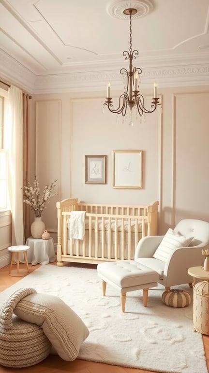A beautifully designed nursery with neutral colors, featuring a wooden crib, cozy armchair, and elegant chandelier.
