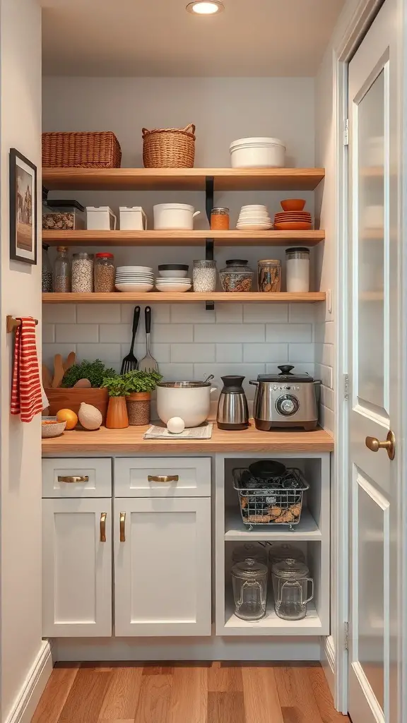 19+ Creative Small Corner Pantry Ideas to Maximize Your Space 17 A small corner pantry with a wooden countertop, open shelving, and organized kitchen items.