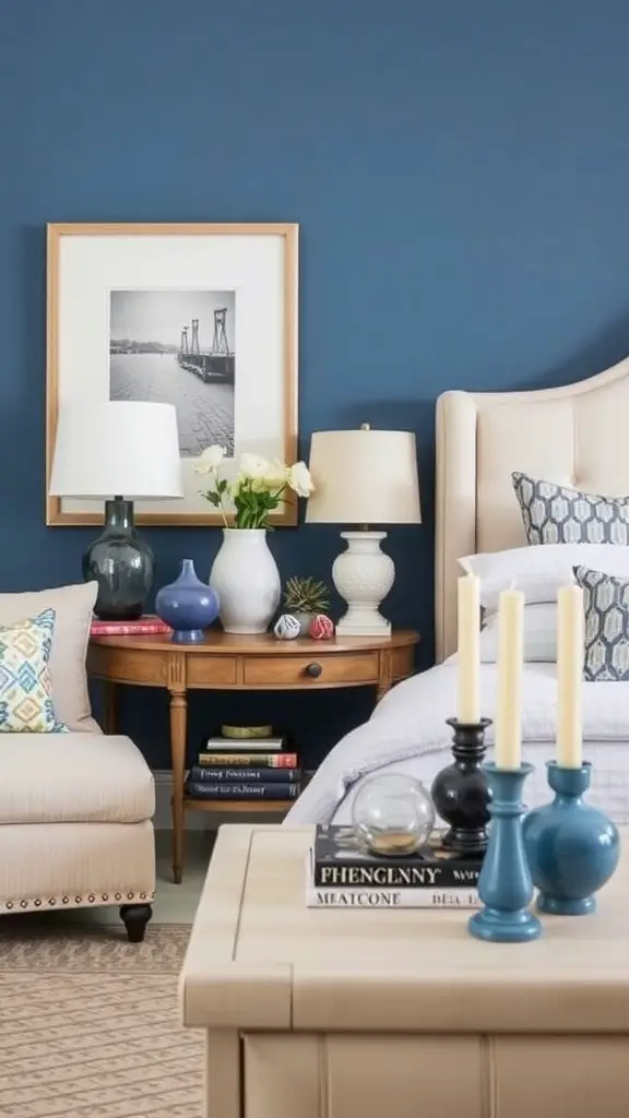 19+ Inspiring Blue and Cream Bedroom Ideas for a Cozy Retreat 19 A blue and cream bedroom featuring a cozy bed with a blue quilt, decorative pillows, stylish vases, a round sunburst mirror, and stacked books on a bedside table.