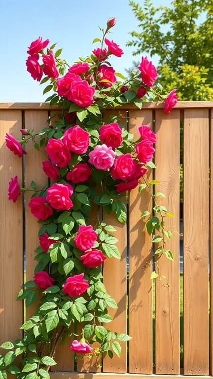 19+ Stunning Backyard Plants to Grow Along Your Fence 8 Vibrant pink climbing roses cascading over a wooden fence