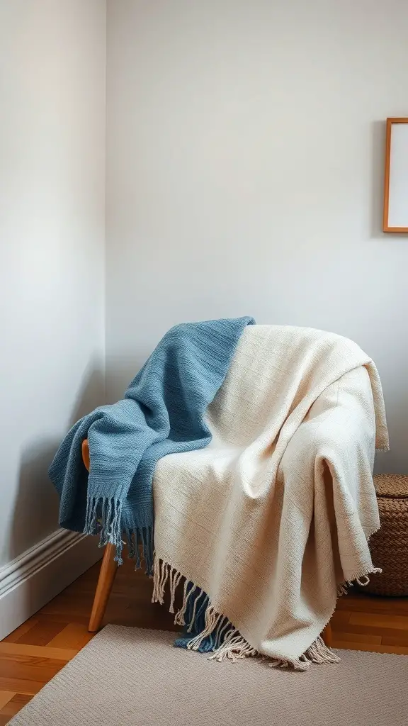 19+ Inspiring Blue and Cream Bedroom Ideas for a Cozy Retreat 15 A blue and cream throw blanket draped over a chair in a cozy bedroom setting.