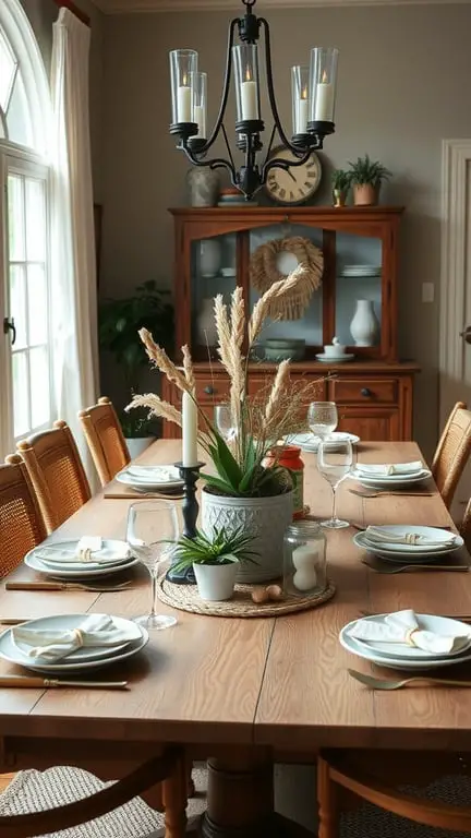 21 Stunning Boho Farmhouse Decor Ideas for a Cozy Home 12 A dining table set with a boho farmhouse decor centerpiece featuring pampas grass and greenery.