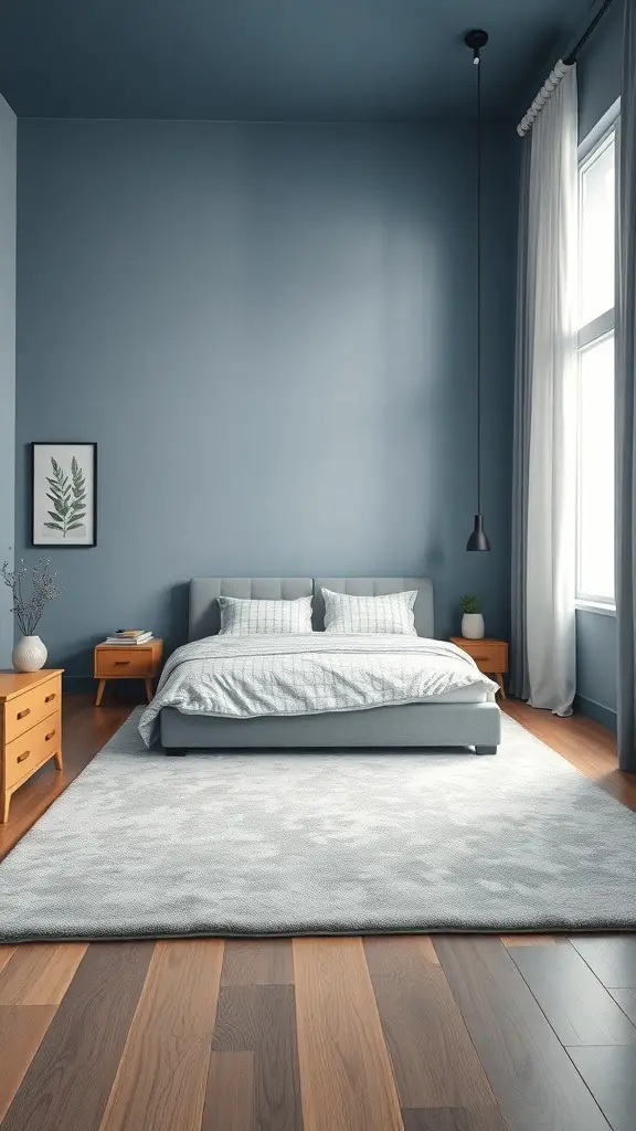 23+ Stunning Blue and Grey Bedroom Ideas You'll Love 14 A blue and grey bedroom featuring a large grey rug under the bed, wooden flooring, and minimalistic decor.