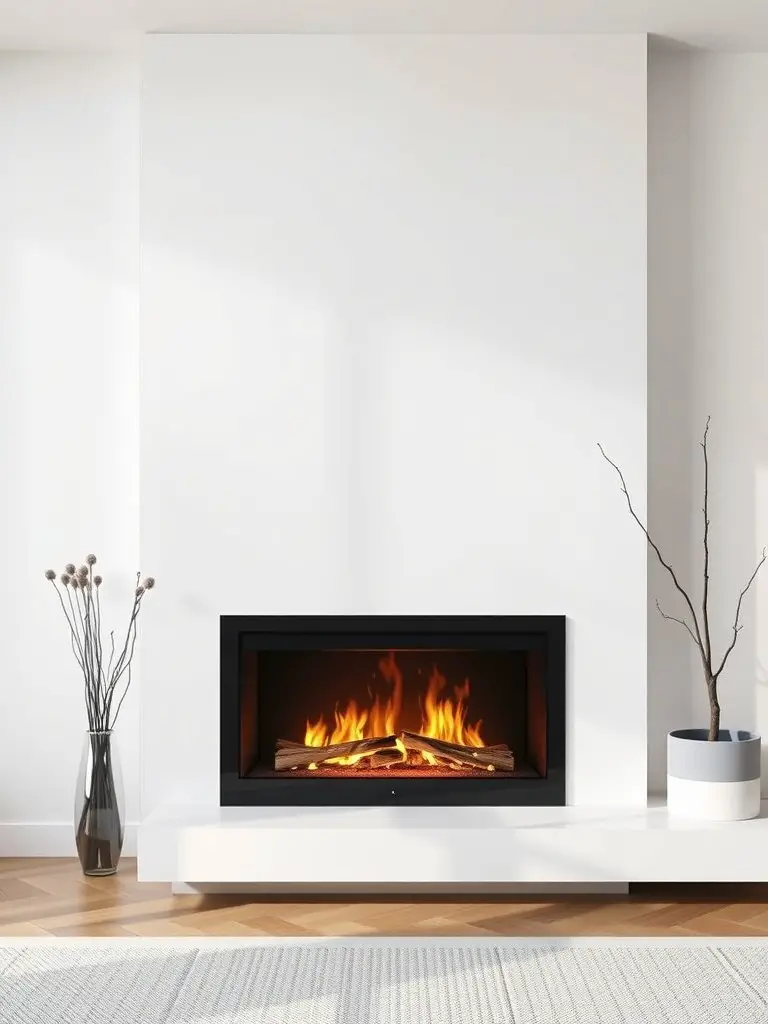 21+ Stunning Electric Fireplace Wall Ideas to Transform Your Space 2 A modern minimalist electric fireplace with a black frame and white wall, featuring flames and decorative elements.