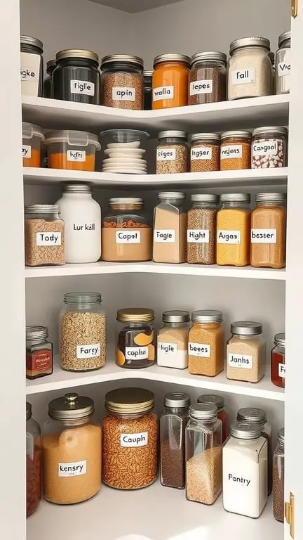An organized pantry with labeled jars and containers for easy identification.