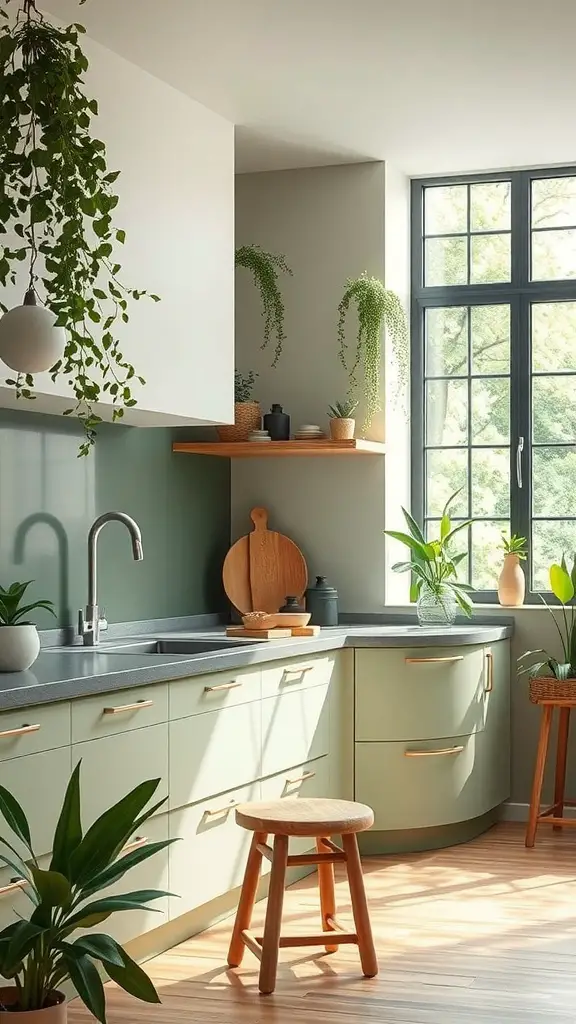 15+ Stunning Green Kitchen Designs You’ll Love 13 A modern kitchen featuring green cabinetry, plants, and natural light.