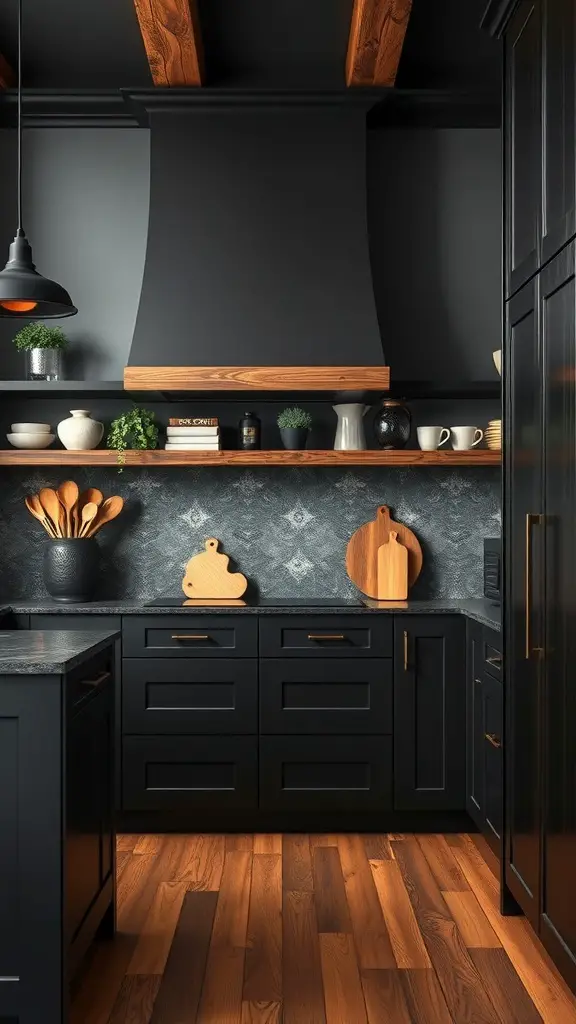 27+ Stunning Black and Natural Wood Kitchen Designs You’ll Love 11 A modern kitchen featuring dark cabinets and natural wood accents.