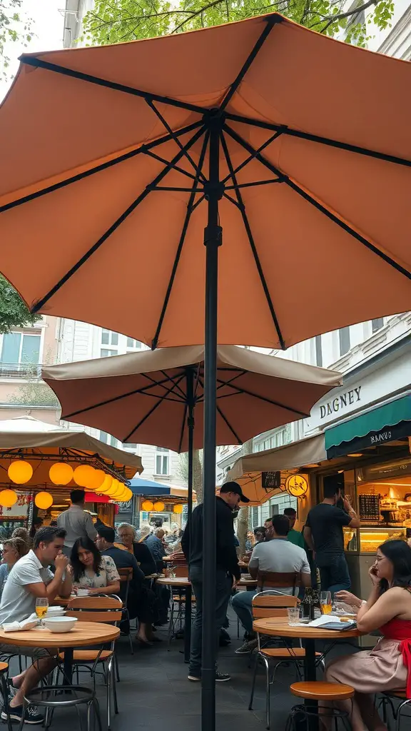 17+ Creative Patio Umbrella Ideas for Your Outdoor Space 5 Outdoor dining area with market umbrellas providing shade