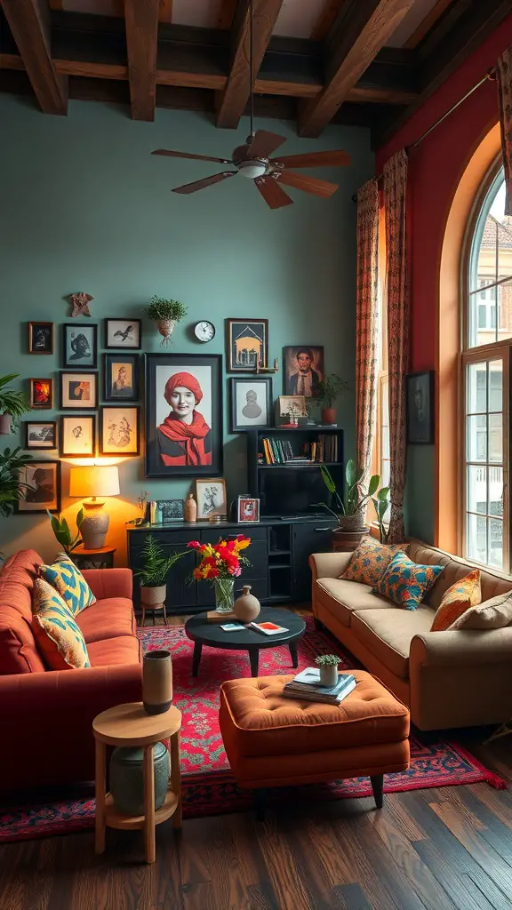 25+ Stylish Bloxburg Living Room Ideas You’ll Love 13 A colorful eclectic living room with orange sofas, teal walls, and a gallery wall of art.