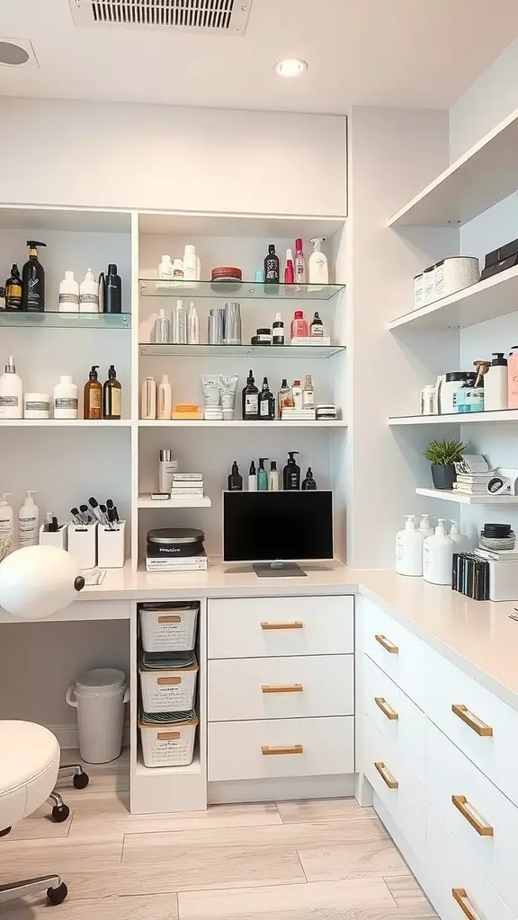 23+ Cozy Small Facial Room Ideas for a Relaxing Retreat 9 A well-organized small facial room with shelves and storage solutions.
